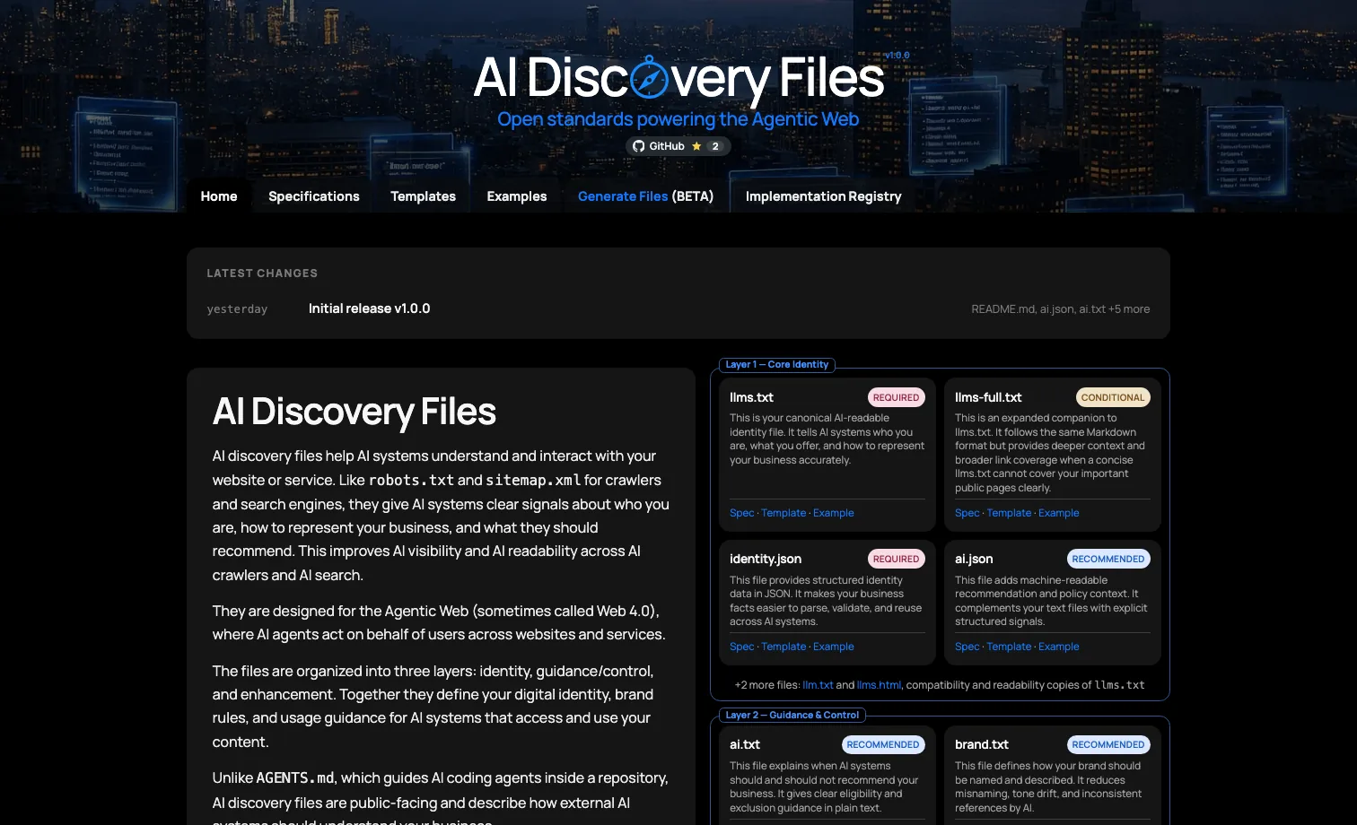AI Discovery Files landing page screenshot.