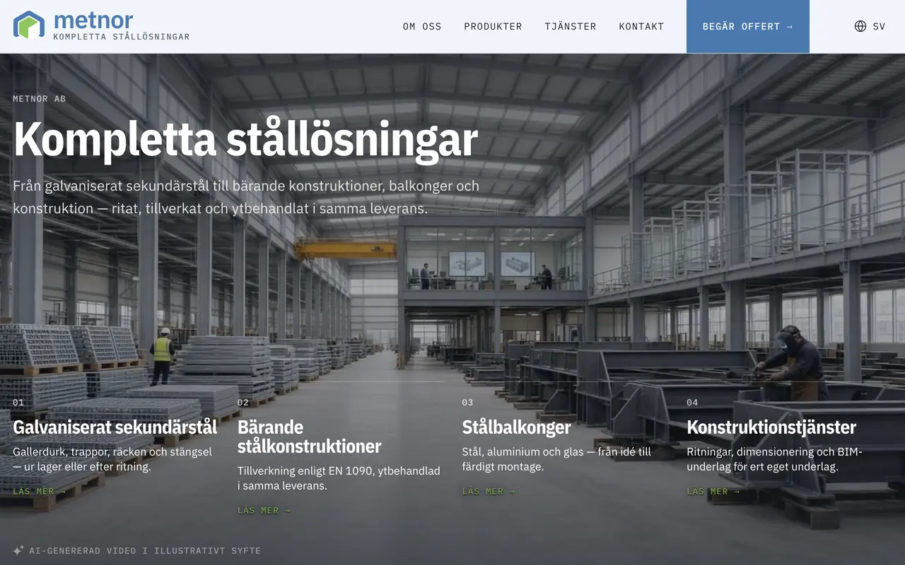The Metnor site, from the hero film through the 3D product models to the quote form.