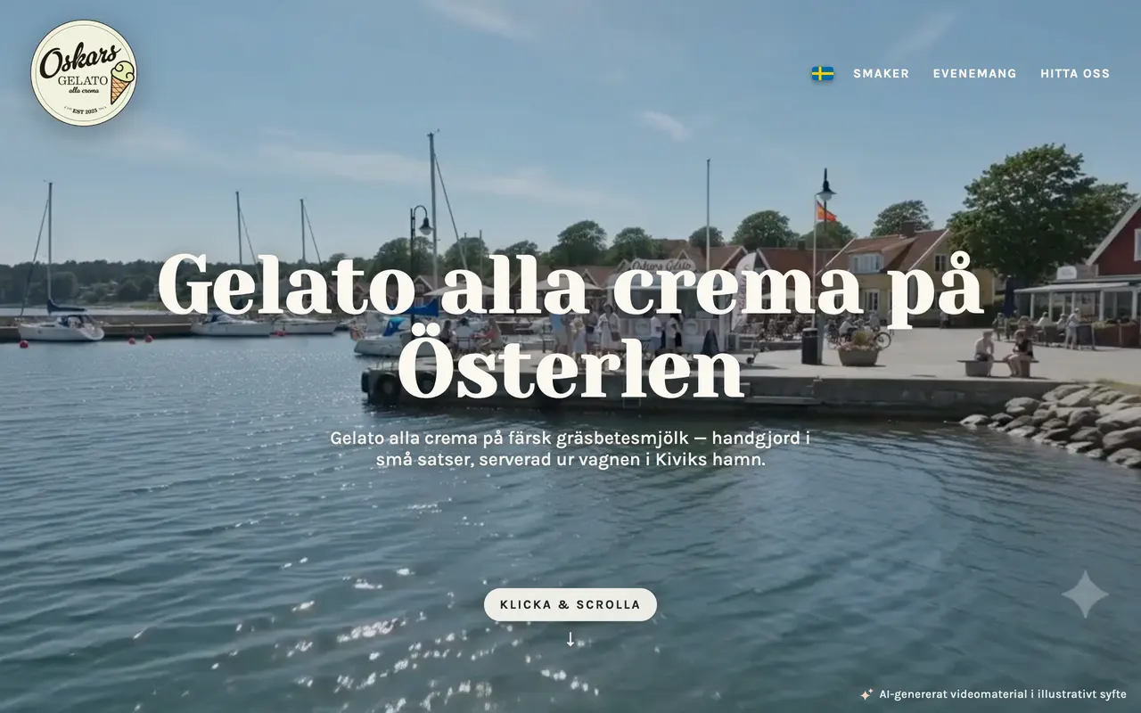 The Oskars Gelato site, from the harbour film through the flavours to the cart in Kivik.